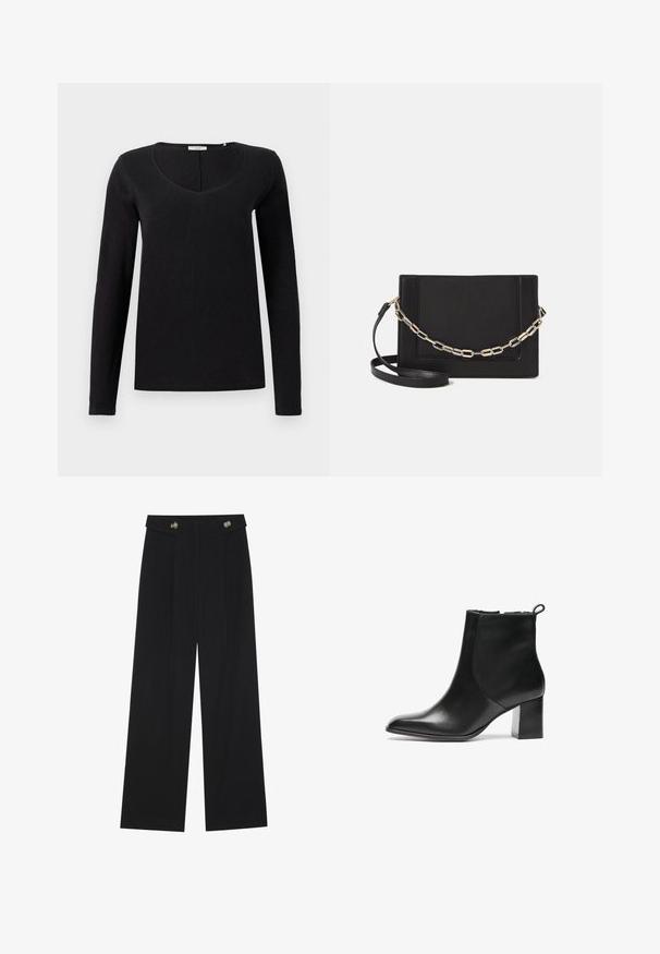 Black long-sleeve t-shirt with a V-neck design, made from soft fabric with a smooth texture. Simple, classic cut with no embellishments.; Black wide-leg trousers with high waist, button details on waistband, and front pleats.; Black leather ankle boot with a rounded toe, a mid-height block heel, and a pull tab at the back. Smooth texture, minimal design.; Black leather crossbody bag featuring a smooth texture, rectangular shape, and a metallic chain detail on the front. Adjustable strap included.
