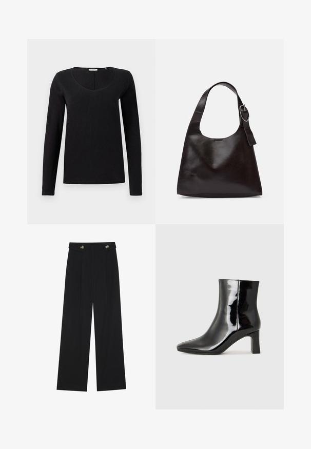 Black long-sleeve t-shirt with a V-neck design, made from soft fabric with a smooth texture. Simple, classic cut with no embellishments.; Black wide-leg trousers with high waist, button details on waistband, and front pleats.; Black patent leather ankle boot with a pointed toe and a mid-height block heel. Smooth texture and minimalist design.; Brown leather shoulder bag with a smooth texture, rounded shape, wide strap, and circular metallic accent on the handle.