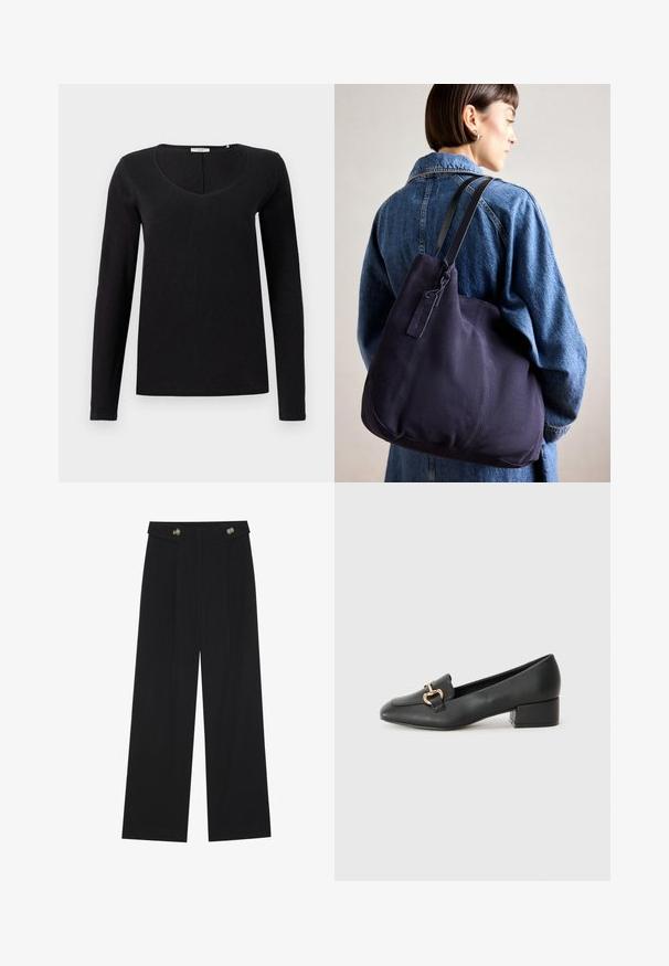 Črni dolgi rokavi s T-shirto z V-izrezom, izdelano iz mehke tkanine z gladko teksturo. Preprost, klasičen kroj brez okrasnih elementov.; Črne široke hlače s visokim pasom, gumbnimi detajli na pasu in sprednjimi gubami.; Črne usnjene loafersice s ravnim petkom, ki imajo dekorativen zlat detajl spredaj in gladko teksturo.; Modra platnena torba za ramo s meko, strukturirano obliko, opremljena s črnim trakom, šivanjem in majhno oznako blagovne znamke.