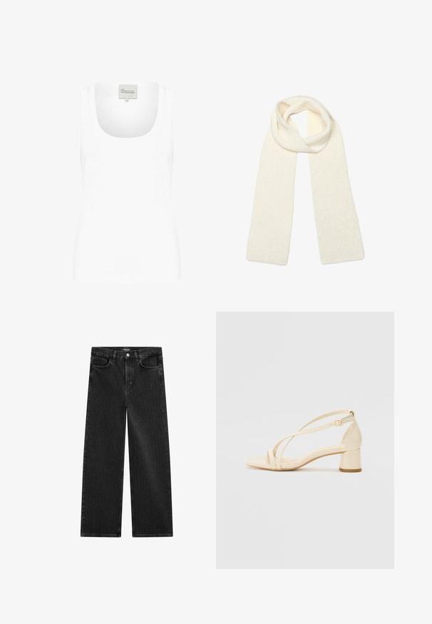 Witte tanktop van zacht katoen. Heeft een brede scoop halslijn en smalle schouderbandjes. Eenvoudig, aangesloten ontwerp zonder patronen.; Wijd gesneden zwarte denim jeans met een subtiel verticaal streepmotief, voorzien van een vijfzakkenontwerp en een klassieke knoopsluiting bij de taille.; Beige hakken sandalen met een blockhak, strappy ontwerp en verstelbare enkelband, gemaakt van glad synthetisch materiaal met een matte afwerking.; Zachte, gebreide crèmekleurige sjaal, losjes gevouwen aan de bovenkant met beide uiteinden recht naar beneden hangend.