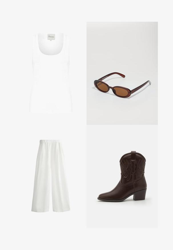 White tank top made of soft cotton. Features a wide scoop neckline and narrow shoulder straps. Simple, fitted design with no patterns.; White, wide-leg pants with an elastic waistband, featuring front pleats and a lightweight, textured fabric.; Brown leather cowboy boots featuring pointed toes, embossed wing patterns, a mid-height block heel, and a pull tab at the back.; Round, brown-tinted sunglasses with a glossy burgundy frame. Slim arms with subtle branding detail. Flat lens design.