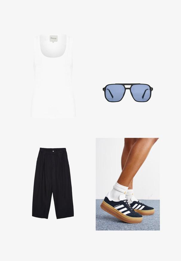 Vit linne av mjuk bomull. Har en bred rundad halsringning och smala axelband. Enkel, åtsittande design utan mönster.; Svarta polyester culottbyxor med elastisk midja, två framfickor och en lös silhuett. Inga synliga mönster eller hårdvarudetaljer.; Svarta sneakers i mocka med vita ränder och detaljer, rundad tå, yttersula i gummiblandning, kombinerade med vita ribbade crew-strumpor.; Stradivarius RETRO - Solglasögon - light blue