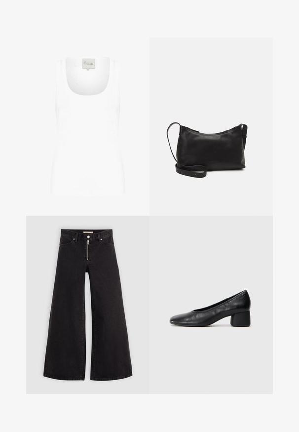 Valge tops pehme puuvillast. Omab laia ümarat kaelust ja kitsaid õlapaelu. Lihtne, keha lähedane disain ilma mustriteta.; Laiad teksad mustast denimist, millel on lukuga eesmine osa, viie taskuga disain ja peened õmblusdetailid. Sile tekstuur ja juhuslik stiil.; Must musta kingadega, ümarate varvaste ja keskmise plokknõrga. Sile tekstuur, minimaalse kaunistusega, kergelt elastse avaga.; Mustmust nahk õlakotil on sile tekstuur, kumer kuju, reguleeritav rihm ja lukuga sulgemine. Minimalistlik disain ilma kaunistusteta.