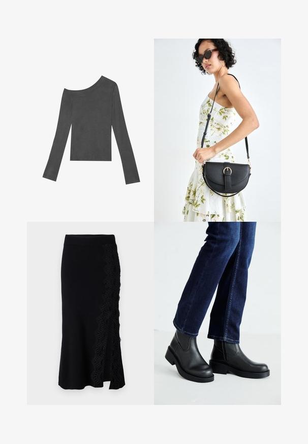 Top cinza de mangas longas com design à mostra dos ombros. Feito em tecido suave com uma textura lisa e uma bainha cortada reta.; Saia de malha preta com um detalhe em renda ondulada de um lado. A barra é ligeiramente evasê e a cintura é lisa e ajustada.; Botas de tornozelo de couro preto com sola grossa e painéis elásticos laterais, combinadas com jeans azul escuro. O chão é de cor clara.; Bolsa de couro preta com forma curva, alça destacável e detalhes em dourado. A bolsa possui uma aba com detalhe de fivela.