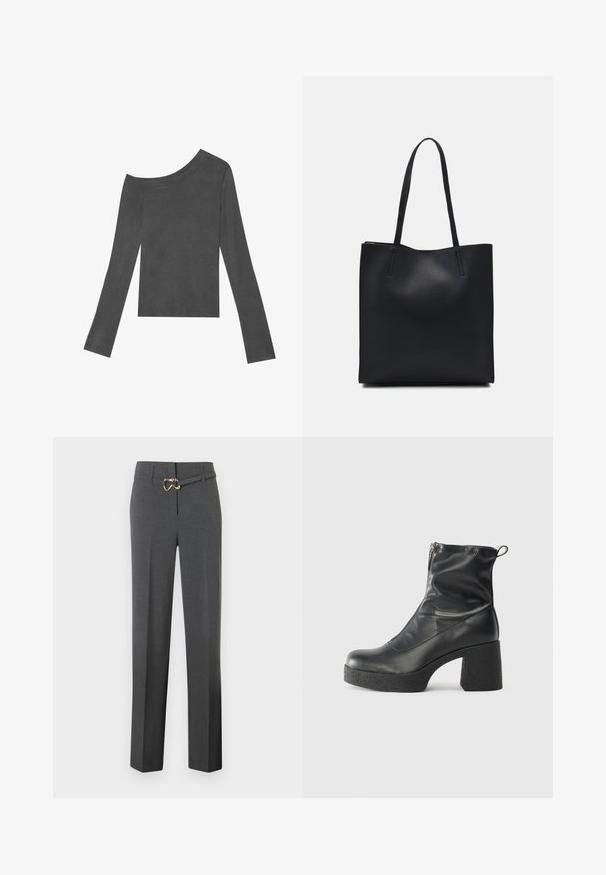 Maglietta grigia a maniche lunghe con design scollato. Realizzata in tessuto morbido con una texture liscia e orlo dritto.; Pantaloni da donna grigio scuro su misura con gamba dritta e una sottile cintura coordinata con fibbia dorata.; Stivali neri alla caviglia in pelle liscia, con zip laterale, tacco spesso e texture, e punta arrotondata.; Borsa tote in pelle nera con texture liscia, forma rettangolare e due manici lunghi. Nessun hardware o decorazione visibile.