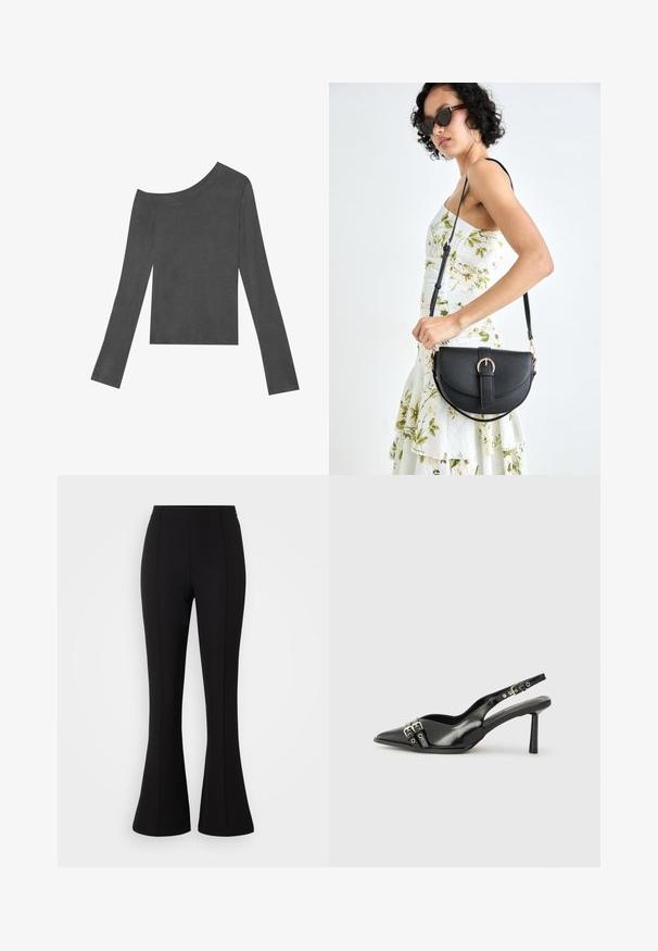 Sivý, dlhý rukáv top s off-shoulder dizajnom. Vyrobený z mäkkej tkaniny s hladkou textúrou a priamym lemom.; Čierne zvonové nohavice vyrobené z elastického materiálu, s hladkou textúrou, vysokým pásom a švovými detailami vpredu.; Čierne lakované kožené slingback topánky s špicatou špičkou, remienkami okolo členku s striebornými prackami a hardvérom, a štíhlým podpätkom.; Čierna kožená kabelka s zaobleným tvarom, odnímateľným popruhom a zlatými doplnkami. Kabelka má klopu s detailom s prackou.