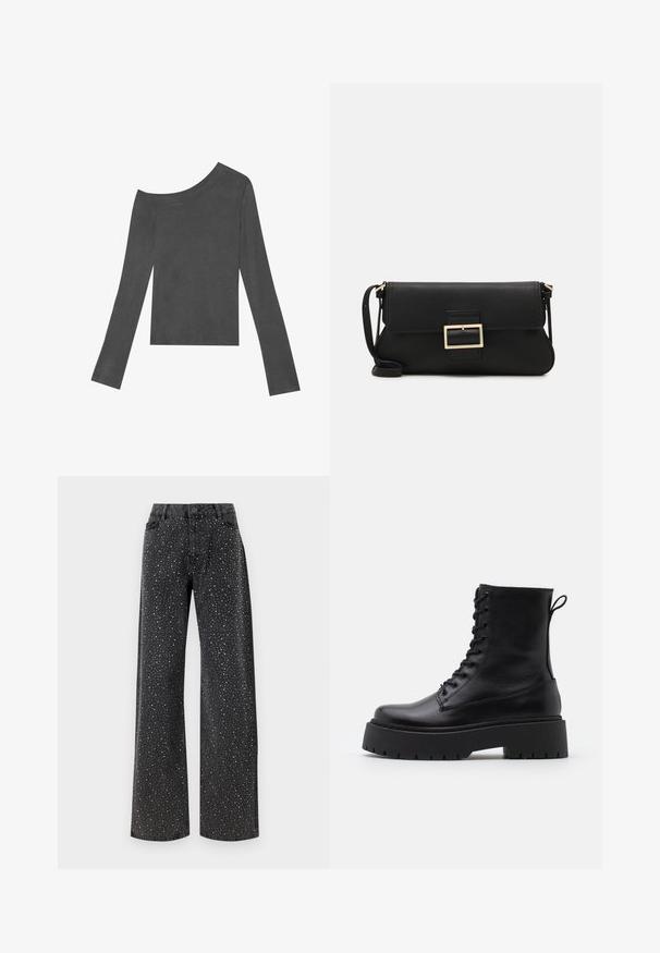 Harma, pitkähihainen paita, jossa on olkaimeton muotoilu. Valmistettu pehmeästä kankaasta, jossa on sileä pinta ja suora helma.; Noisy May NMJANNEL LOOSE - Relaxed fit -farkut - black denim; Musta nahkainen nilkkureita, joissa on pyöreä kärki, nauhakiinnitys edessä ja paksu kumipohja, jossa on teksturoitu pinta. Takana vetotappi.; Musta nahkainen kynäpenkkilaukku, jossa on läppä ja kultainen metallinen solkiyksityiskohta. Mukana musta hihna ja tyylikäs, minimalistinen muotoilu.; Kultaiset rengaskorvakorut, ohuet ja pyöreät, joissa on sileä metallipinta ilman koristeluja tai kuvioita.