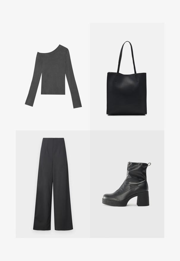 Gray, long-sleeved top with an off-shoulder design. Made of soft fabric with a smooth texture and a straight-cut hem.; High-waisted, wide-leg trousers in dark gray fabric with a smooth texture. Features no visible pockets or embellishments.; Black ankle boots made of smooth leather, featuring a side zipper, chunky textured heel, and rounded toe design.; Black leather tote bag with smooth texture, rectangular shape, and two long handles. No visible hardware or embellishments.