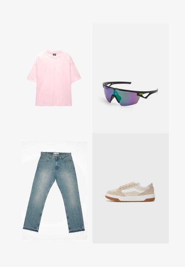 Lyserød oversized t-shirt lavet af bomuld med korte ærmer, rund hals og hvid broderet tekst på forsiden.; Lysblå denimjeans med lige ben, der har frontlommer, knaplukning og kynget kanter for et afslappet design.; Beige ruskinds sneakers med hvide accenter, rund tå, tekstureret gummisål og lavt design. Syning detaljer langs siderne og snørebåndene.; Sports solbriller med en sort ramme, store gradient linser med lilla og grønne nuancer, samt vinklet design med logo detaljer.
