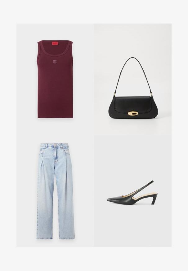 Bordeauxrode tanktop van katoen, met een ronde hals, mouwloos ontwerp en een klein geborduurd "HUGO"-logo aan de voorkant.; Lichtblauwe denim jeans met een hoge taille, wijde pijpen, twee zijzakken en geplooid ontwerp. Zachte textuur met een vervaagd uiterlijk.; Zwarte puntige slingback schoen met een lage hak, gemaakt van soepel leer en voorzien van een uitsnede aan de zijkant voor ventilatie.; Zwarte leren handtas met een gebogen ontwerp, goudkleurige accenten en een bovenhandvat. Heeft een strakke sluiting en een gladde textuur.