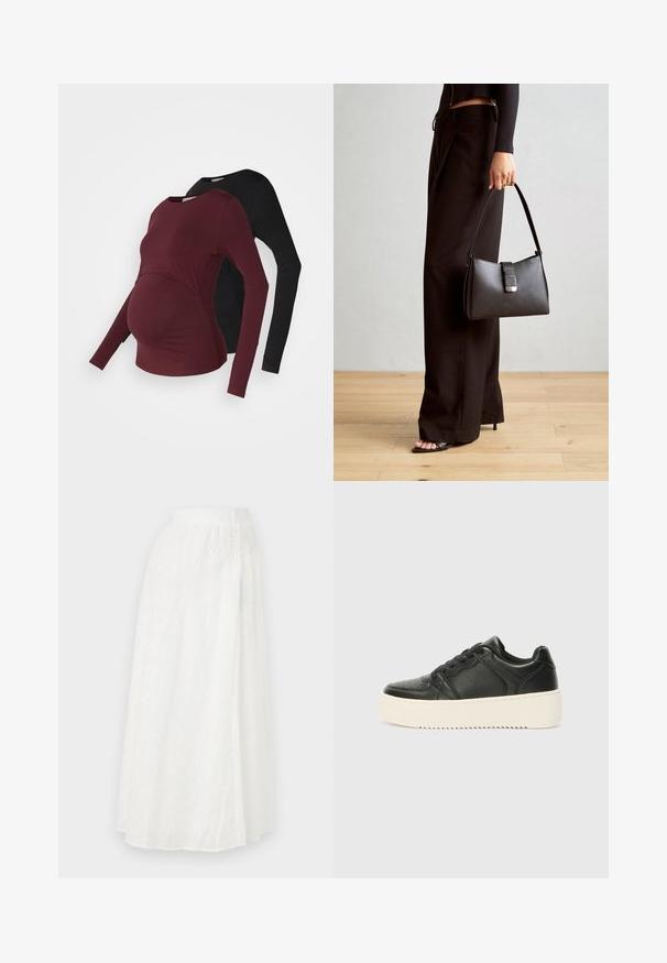 Maternitātes garās piedurknes blūzes bordo un melnā krāsā. Mīksta auduma ar izliektu priekšpusi, kas nodrošina elastību. Apaļi kakla izgriezumi un pieguļošas piedurknes.; Balta maksi svārki ar elastīgu jostasvietu, ar teksturētu ziedu rakstu un mežģīņu līdzīgām izgriezumiem visā audumā.; Melnas ādas sporta apavi ar gludu tekstūru, bieza krēmkrāsas zole, apaļa purngala forma un klasiskā auklu slēdzēja dizains. Smalkas šuvju detaļas.; Melnā somiņa ar strukturētu formu, gludu tekstūru un metālu sprādzi. Saskaņota ar platām melnām biksēm un sandālēm ar atvērtu purngalu uz koka grīdas.