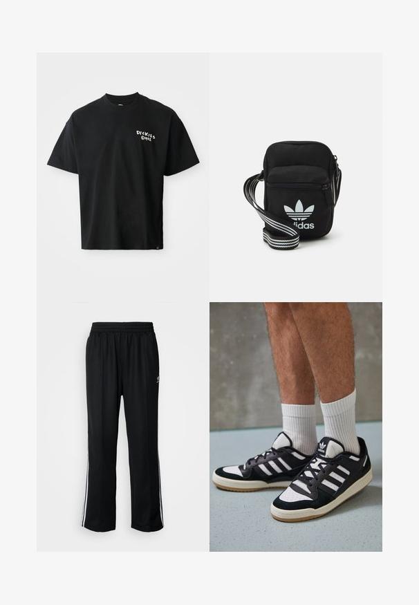 Melnas īsām piedurknēm T-kreklas, kas izgatavots no kokvilnas ar brīvu piegriezumu. Priekšpusē ir balts "Dickies" logo. Ar apaļu kakla izgriezumu, vienkrāsains.; Melni sporta bikses ar elastīgu jostas vietu, kurām ir baltas sānu svītras un neliels logotips. Materiāls izskatās mīksts un viegls.; Melnas un baltas kedas ar zamša un ādas augšdaļu, kas aprīkotas ar trim baltām svītrām, perforētu purngali un gumijas zolēm.; Melna auduma crossbody soma ar rāvējslēdzēja aizdari, kurai ir balts Adidas logo un svītrainas regulējamas siksnas ērtiem pārvietošanās veidiem.