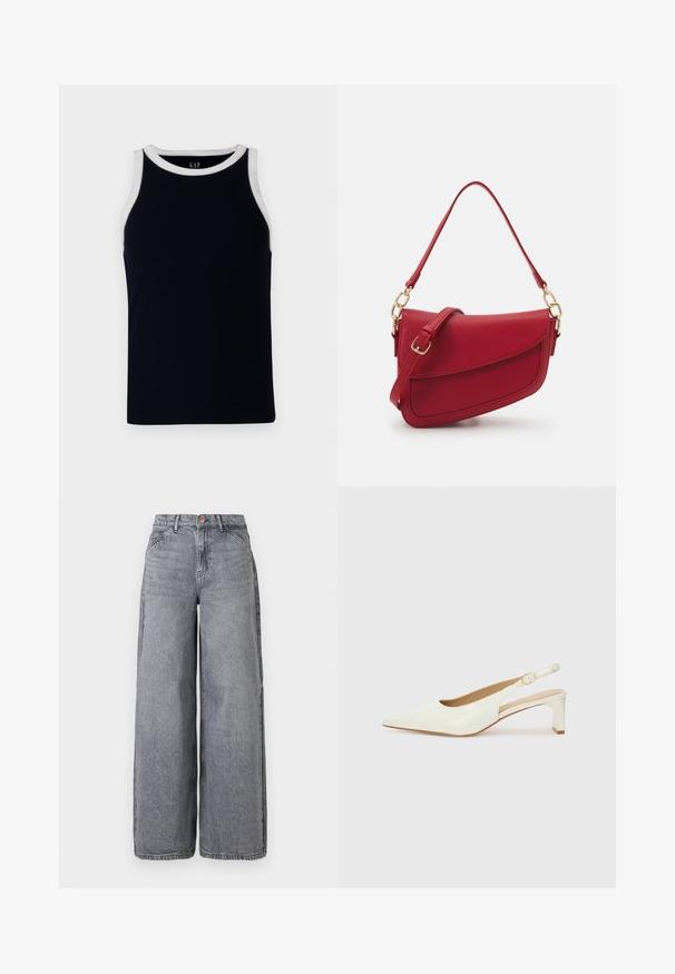 Námornícky pruhovaný tielko s bielym okrajom na krku a ramenách. Vyrobené z mäkkého materiálu, s priliehavým strihom bez ozdôb.; Džíny s širokými nohavicami v bledom šedivom odtieni, s piatimi vreckami, zapínaním na gombík a jemnou textúrou so subtílnymi detaily v podobe zmiešaných tónov.; Biele lakované lodičky na podpätku so špicatou špičkou a nízkym blokovým opätkom. Obsahujú jemný remienok s detailom zlatého tónu.; Červená textúrovaná kožená taška na rameno s dlhým popruhom a zlatými doplnkami, so zakriveným uzáverom a štruktúrovaným siluetou.