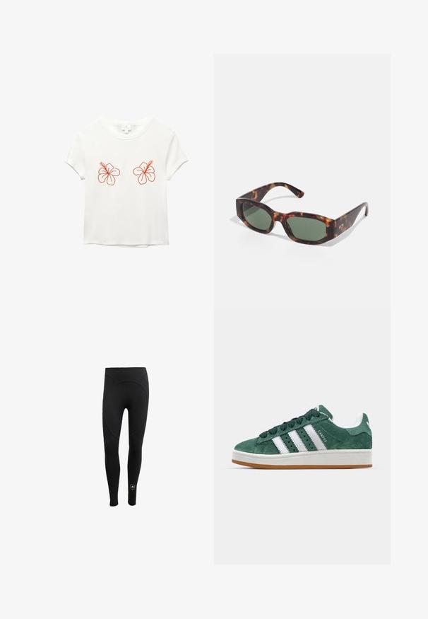 Witte t-shirt met korte mouwen, voorzien van twee oranje geborduurde hibiscusbloemen aan de voorkant. Zachte stof met een comfortabele pasvorm en ronde hals.; Zwarte damesleggingen gemaakt van rekbare stof, met een hoge tailleband en een naadloos ontwerp met een ronde achterkant en logo-detail.; Groene suède sneaker met witte leren strepen, rubberen zool, gepolsterde kraag en een minimalistisch ontwerp. Bevat merkbranding aan de zijkant.; Schildpadbril met rechthoekige groene lenzen, brede montuur en dikke pootjes. Beschikt over een slank ontwerp en een gladde kunststof textuur.