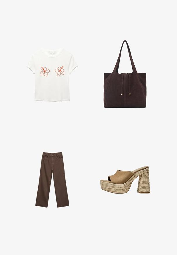 Biała koszulka z krótkim rękawem z dwoma haftowanymi pomarańczowymi kwiatami hibiskusa z przodu. Miękka tkanina o luźnym kroju i okrągłym dekolcie.; Szerokie brązowe dżinsy wykonane z denimu, z wysokim stanem, przednimi kieszeniami i klasycznym zapięciem na guzik. Gładka faktura z subtelnym przeszyciem.; Brązowe zamszowe mule na platformie z otwartym noskiem, z grubo plecioną jutową obcasem i gładkim, zaokrąglonym górnym fasonem.; Mango - Torba na zakupy