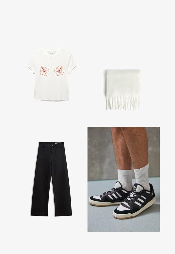Bela kratka majica s kratkimi rokavi, ki na sprednji strani prikazuje dva vezeninasta cveta hibiskusa v oranžni barvi. Mehka tkanina z udobnim krojem in okruglim izrezom.; Črne široke denim hlače z visokim pasom, ki imajo sprednje in zadnje žepe, šivane šive ter gumbasto zapiranje. Gladka tekstura.; Črno-bele superge z zgornjim delom iz usnja in nubuka, ki imajo tri bele črte, perforiran vrh prstov in podplat iz gume.; Bela polarna šal s resicami, mehak na dotik in pravokotne oblike. Primeren za plastenje in zagotavljanje toplote.