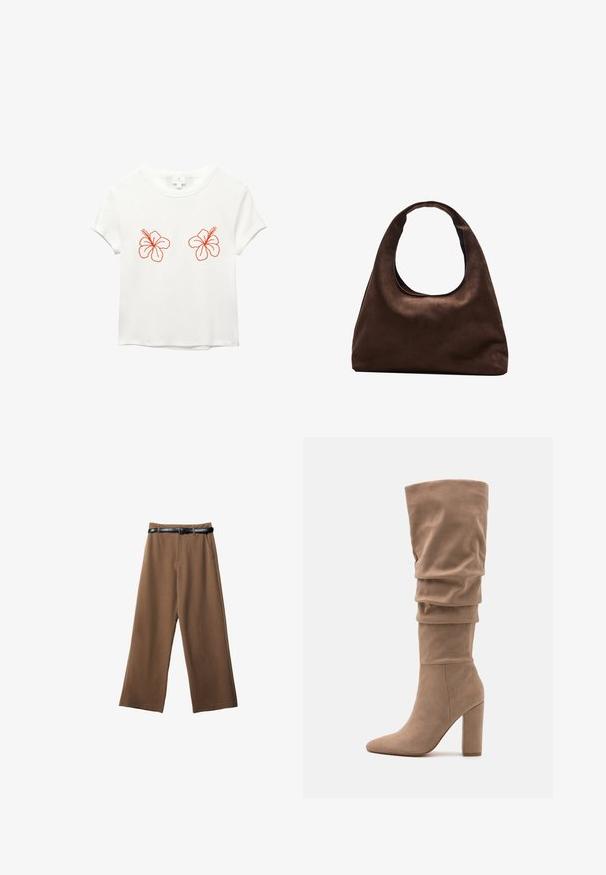 Biela krátkorpová tričko s dvoma vyšitými oranžovými hibiskusovými kvetmi na prednej strane. Mäkka látka s voľným strihom a kruhovým výstrihom.; Hnedé nohavice s širokým strihom a hladkým povrchom, so čiernym opaskom, dvojicou predných vreciek a upraveným dizajnom.; Anna Field Čižmy - beige; Svetlohnedá kabelka v štýle hobo s jedným širokým popruhom a zakriveným otváraním na vrchu, vystavená na bielom pozadí.