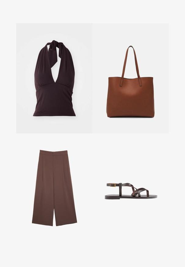 Halterneck-Top in Dunkelpurpur, aus glattem Stoff gefertigt. Verfügt über einen tiefen V-Ausschnitt und Raffung unter der Brust. Wird am Hals gebunden.; Braune Weite-Leg-Hosen mit einer glatten Textur, hoher Taille und Vorderfalten. Der Stoff ist leicht und fällt locker.; Braune Leder-Sandale mit überkreuzten Riemen, einem Knöchelriemen mit Schnalle und einer flachen Sohle mit minimalen Nähdetails.; Braune Leder-Tote mit glatter Textur, offenem Oberteil und zwei Schulterriemen. Verfügt über minimale Nähte und keine sichtbaren Beschläge.