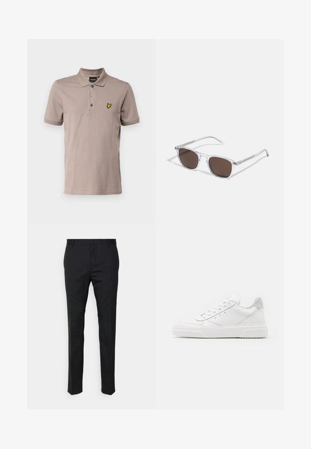 Lyle & Scott Polotričko - heritage taupe; Černé elegantní kalhoty s rovnýma nohavicema, vyrobené z hladkého materiálu. Obsahují poutka na opasek a detail sklady na přední straně.; Bílé kožené tenisky s hladkým povrchem, zaoblenou špičkou, plochými tkaničkami a texturovanou podrážkou. Šedý semišový detail na patě.; Průhledné plastové sluneční brýle s obdélníkovými hnědými skly, vybavené tenkými průhlednými obrubami a kovovými detaily na spáncích.