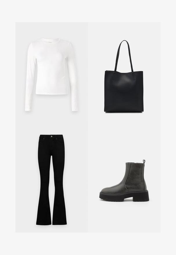 Tricou alb cu mânecă lungă, fabricat dintr-un material moale și elastic. Prezintă un decolteu rotund și un design ajustat, cu cusături minime.; Jeans negri cu talie înaltă, cu închidere prin nasture și fermoar, buzunare frontale și picioare evazate, așezați pe un fundal alb.; Cizme negre până la gleznă cu un exterior sintetic neted, panouri laterale elastice, un mâner pentru a fi încape mai ușor și o talpă din cauciuc robustă.; Geantă tote neagră din piele, cu textură netedă, formă rectangulară și două mânere lungi. Fără hardware vizibil sau ornamente.