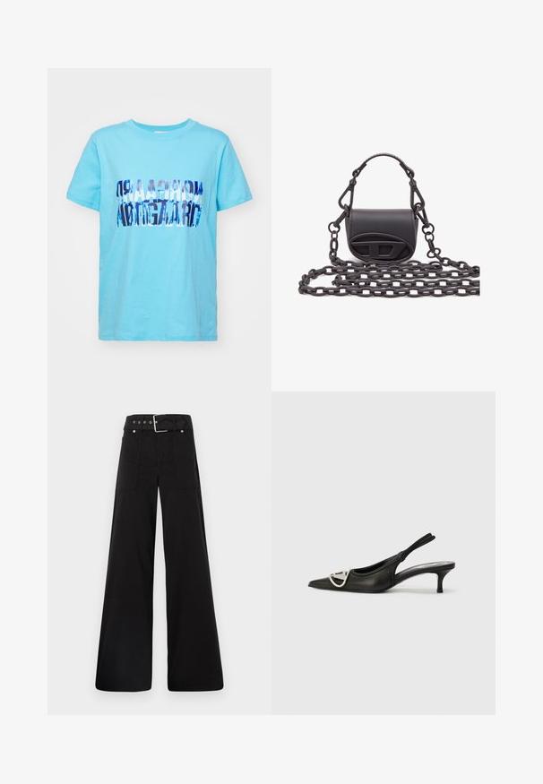 Heled sinine puuvillane T-särk, millel on volditud graafiline disain tumedas sinises tekstis. Lühikesed varrukad ja ümmargune kaelus. Sujuv tekstuur, mugav lõige.; Mustad laiad mustad püksid, mis on valmistatud puuvillast, kõrge vöökoha, suurte küljetaskute ja kumerate rihmadega, kus on hõbedased detailid.; Must tassu mustast nahast, millel on terav varvas, hõbedane logoaksent ja väike konts. Sile tekstuur ja minimalistlik disain.; Väike must käekott, mis on valmistatud siledast nahast, ümar kuju, esipaneelil logo aktsent ja tekstureeritud kett.