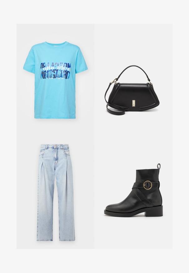 Light blue cotton t-shirt featuring a folded graphic design in dark blue text. Short sleeves and a crew neck. Smooth texture, casual fit.; Light blue denim jeans with a high waist, wide-leg cut, two side pockets, and pleated design feature. Soft texture with a faded finish.; BOSS IRYNA BOOTIE - Platform ankle boots - black; Black leather handbag with a structured design, featuring a cropped shape, top handle, and gold hardware accent. Adjustable shoulder strap included.