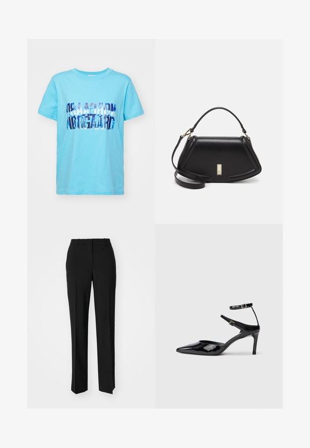 Light blue cotton t-shirt featuring a folded graphic design in dark blue text. Short sleeves and a crew neck. Smooth texture, casual fit.; Black tailored trousers with a straight-leg design, featuring a smooth texture and crisp creases along the front. No visible hardware.; Black patent leather heels with a pointed toe, adjustable ankle straps, and a slender heel. Smooth texture with a shiny finish.; Black leather handbag with a structured design, featuring a cropped shape, top handle, and gold hardware accent. Adjustable shoulder strap included.