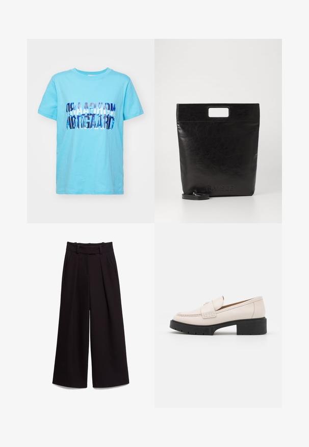 Svijetloplava pamučna majica s presavijenim grafičkim dizajnom u tamnoplavom tekstu. Kratki rukavi i okrugli izrez. Glatka tekstura, ležerni kroj.; Crne široke hlače izrađene od glatkog materijala, s visokim strukom, petljama za pojas i dva prednja džepa. Plisirano dizajniranje dodaje teksturu.; Svijetlosmeđi kožni loaferi s ušivenim prednjim dijelom i teksturiranim crnim platformastim potplatom. Imaju zakrivljeni dizajn i blagu elevaciju.; Crna kožna torba s kvadratnom drškom, s teksturiranim završetkom i utisnutim logotipom. Uključuje odvojivi remen.