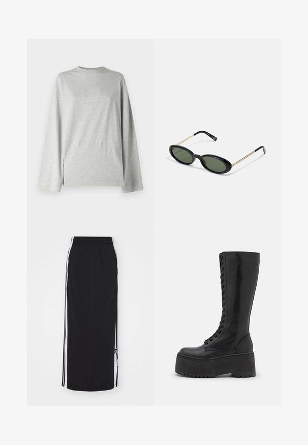 Weekday OVERSIZED LONG SLEEVE - Longsleeve - grey; Zwarte sportrok met witte zijkanten, elastische tailleband en merkteken. Gemaakt van ademend materiaal, knie-lange ontwerp.; Zign LEATHER - Veterlaarzen - black; Ovale zonnebril met groene lenzen, zwarte kunststof voorkant en dunne gouden metalen pootjes. Beschikt over een minimalistisch ontwerp met een gladde textuur.