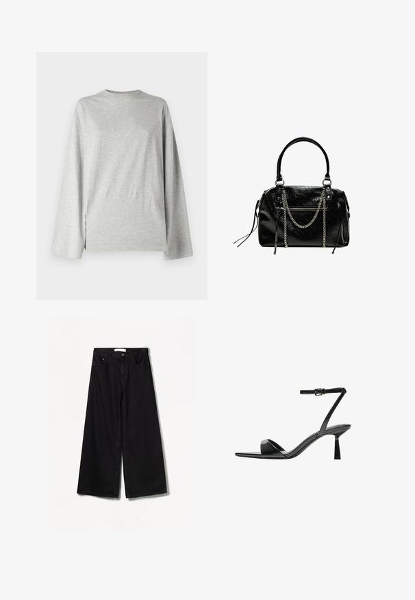 Weekday OVERSIZED LONG SLEEVE - Longsleeve - grey; Bershka WIDE-LEG - Wide leg - black; Bershka Sandalen met hoge hak - black; Bershka WITH CHAIN - Handtas - black