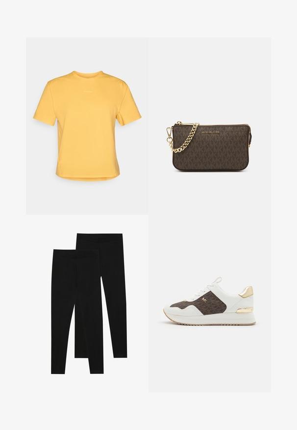 Gul kortermet T-skjorte med rund nakke, laget av mykt stoff. Har en subtil logo på brystet og en rett nederkant.; Sorte leggings laget av elastisk stoff, med en sømløs midjebånd og slank passform, egnet for hverdagsbruk eller trening.; Hvite sneakers med brunt mønstret stoffpanel, gull hardware-detaljer, rund tå, snørebåndsdesign og teksturert gummisåle.; Brun lærkorspose med logo mønster, gullkjede strop, glidelåslukking og gullfarge detaljer. Kompakt og rektangulær form.