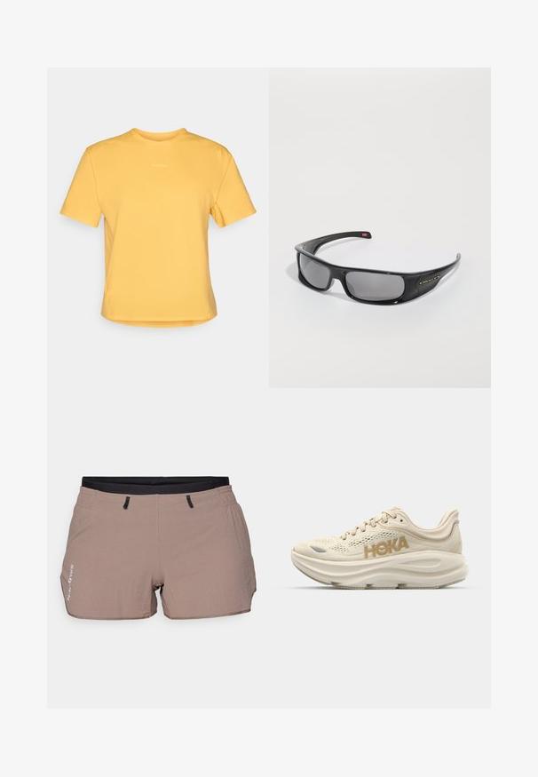 Žlté tričko s krátkym rukávom a okrúhlym výstrihom, vyrobené z mäkkej látky. Má jemné logo na hrudi a rovný lem.; Béžové šortky vyrobené z ľahkého materiálu, s textúrovaným vzorom, elastickým pásom s čiernymi akcentmi a dvoma bočnými vreckami.; Svetlo béžové bežecké tenisky s vrchnou časťou z mäkkej siete, polstrovaným golierom, výrazným logom "HOKA" v zlatej farbe a hrubou, tlmiacou podrážkou pre pohodlie.; Čierne slnečné okuliare Oakley s obopínajúcim rámom, tmavými obdĺžnikovými sklami a zakrivenými nožičkami na bielom pozadí.