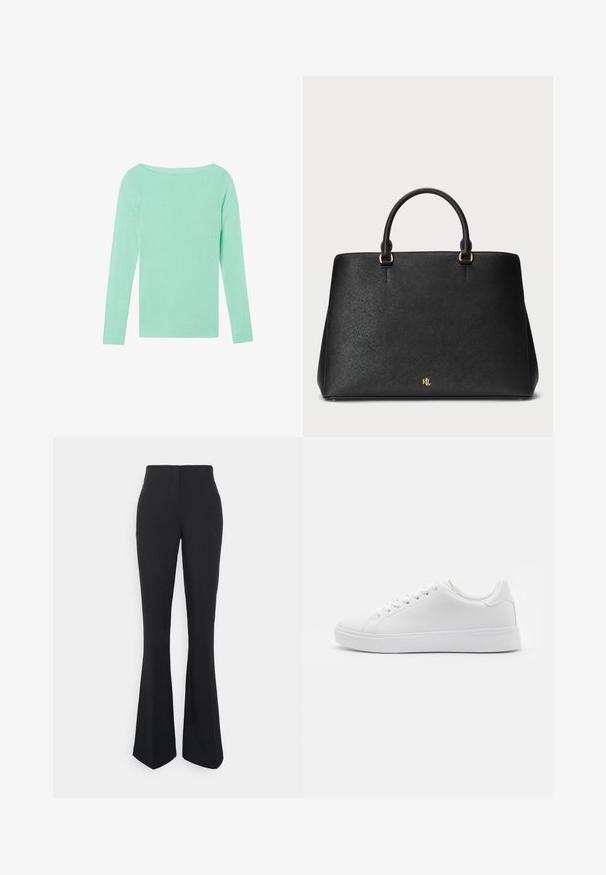 Intimissimi U-BOOT-AUSSCHNITT - Top s dlouhým rukávem - grün glacier green; ONLY Tall ONLEDINA FLARE PANT - Kalhoty - black; Bílé tenisky s hladkým syntetickým svrškem, kulatou špičkou, šesti otvory na tkaničky a nízkoprofilovou gumovou podrážkou s texturovanými detaily.; Černá kožená kabelka se strukturovaným designem, hladkým povrchem a dvěma vrchními uchy. Obsahuje zlaté akcenty a logo na spodku.