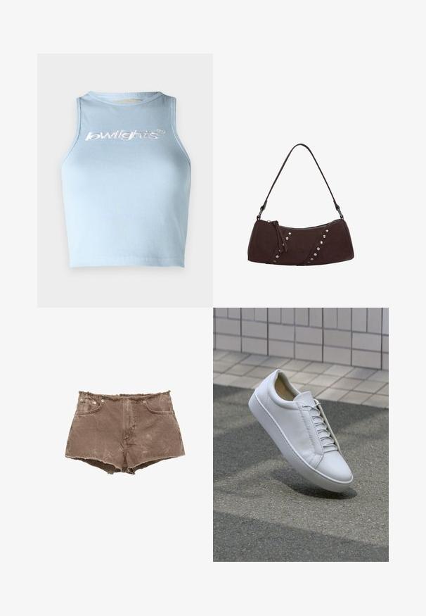 Világoskék bordázott crop top, ami kerek nyakkivágással és ujjatlan kialakítással rendelkezik. Az elején fehér hímzett szöveg található.; Barna farmer sort, rojtos szegéllyel, öt zsebes kialakítással és fémgomb díszítéssel. Az anyag enyhén kopott, textúrált felületű.; Fehér bőr sportcipő kerek orral, lapos talppal és hat pár fűzőlyukkal. Simább textúra és minimalista dizájn varrási részletekkel.; Barna szintetikus bőrből készült kézitáska, ívelt formával, cipzáras záródással és díszes ezüst tüskékkel az egyik oldalon. Rövid vállpánttal rendelkezik.