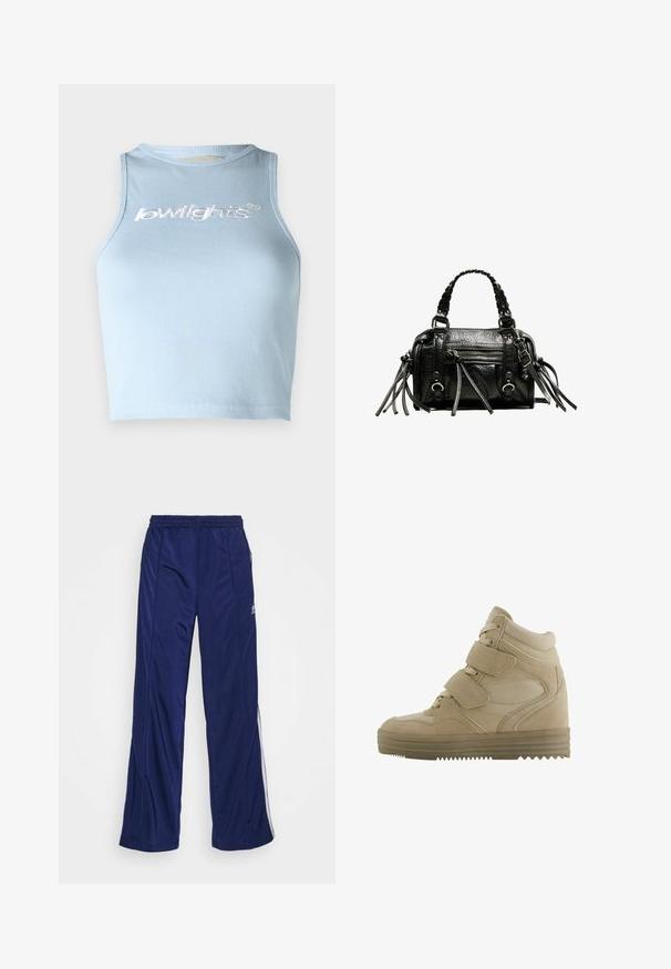 Svetlomodrý rebrovaný crop top s okrúhlym výstrihom a bezrukávovým dizajnom. Na prednej strane sa nachádza biela vyšívaná text.; Námornícke športové nohavice s elastickým pásom, rovnými nohavicami a bočnými zipsami. Obsahujú biele lemovanie po stranách. Hladká textúra látky.; Béžové vysoké tenisky s designom z semišu a sieťoviny, nastaviteľné suché zipsy a hrubá gumová podrážka s cik-cak vzorom.; Čierna kožená kabelka s pletenými uchami, textúrovaným povrchom, zipsovým predným vreckom a dekoratívnymi strapcami. Kompaktne tvarovaná a štruktúrovaná.