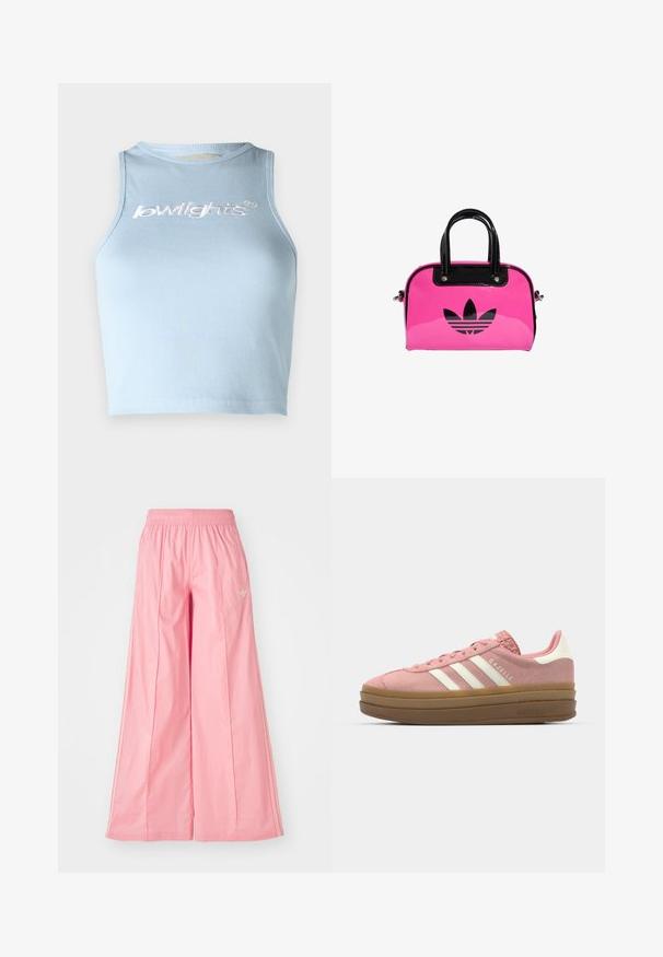 Svijetloplavi rebrasti crop top s okruglim izrezom i bez rukava. Sadrži bijeli vezeni tekst sprijeda.; Roza široke hlače iz lahkega materiala, z elastičnim pasom in subtilnimi belimi stranskimi črtami. Majhen logo spredaj.; adidas Originals GAZELLE BOLD - Športni copati - mauve/off white; Roza patentna torbica z črnim logotipom in ročaji, zaokrožene oblike in z zadrgo. Sijajna tekstura povečuje vidljivost.