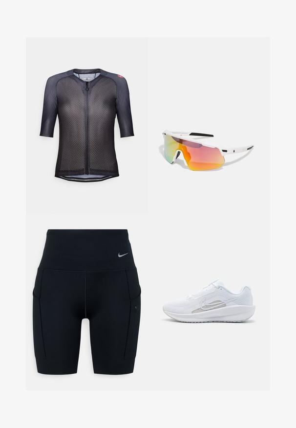 Maillot de cyclisme à manches courtes en maille bleu marine foncé avec une fermeture éclair demi-zippée, présentant un design texturé et un logo discret sur l'épaule.; Shorts de sport noirs taille haute en matériau extensible ; dotés de poches latérales et d'un petit logo Nike sur la ceinture.; Baskets blanches avec une tige en mesh, bout rond et semelle texturée. Présentent un swoosh Nike argenté et un design minimaliste.; Sweet Protection SHINOBI UNISEX - Lunettes de soleil - rig topaz/satin white