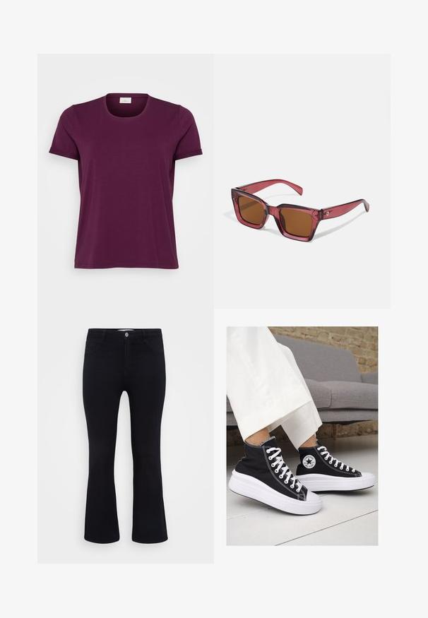 Kortærmet T-shirt i dyb bordeaux, rund halsudskæring, blødt bomuldsstof og opbrettede ærmer. Enkel design med en regular fit.; ONLY Carmakoma CARTHUNDER PUSH UP - Flared jeans - black denim; Sorte høj-top sneakers i lærred med hvide gummisåler og snørebånd. Har et rundt logo på siden og kontrasterende hvide syninger.; Rødtonede firkantede solbriller med brune linser. Fremstillet af gennemsigtigt plastik. Har en markant vinkelret design og diskret branding på stellet.