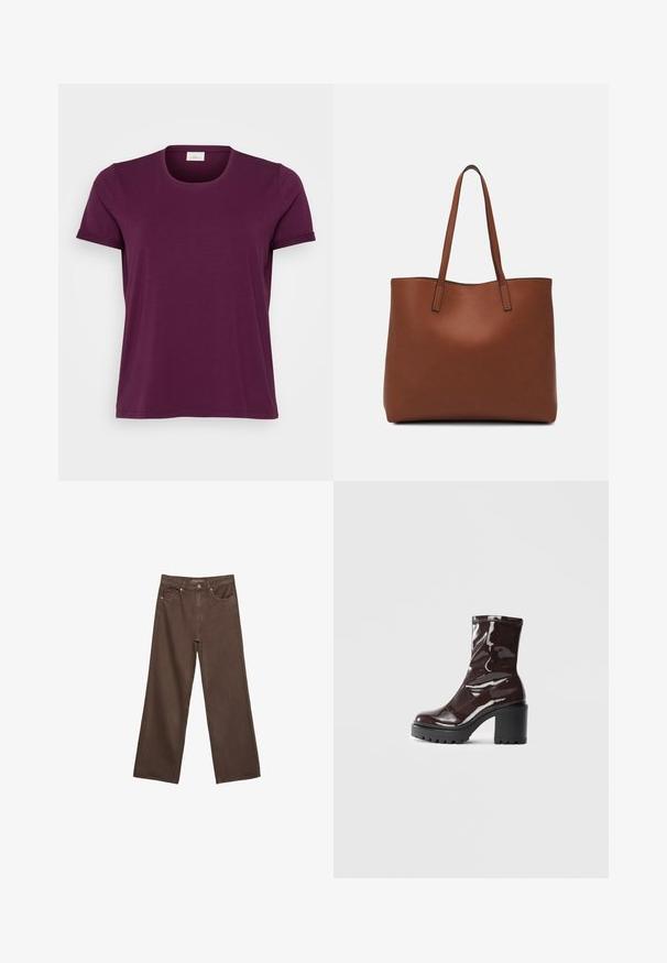 Tričko s krátkým rukávem v tmavě burgundské barvě, kulatý výstřih, měkká bavlněná tkanina a ohrnuté rukávy. Jednoduchý design s klasickým střihem.; Hnědé džíny s širokými nohavicemi vyrobené z denimu, s vysokým pasem, předními kapsami a klasickým zapínáním na knoflík. Hladká textura s jemným švem.; Lesklá bordó kotníková bota s masivním černým podpatkem, se hladkým povrchem a jednoduchým designem. Žádné viditelné zapínání ani vzory.; Hnědá kožená taška přes rameno s hladkou texturou, otevřeným designem a dvěma ramenními popruhy. Obsahuje minimální švy a žádné viditelné kovové prvky.