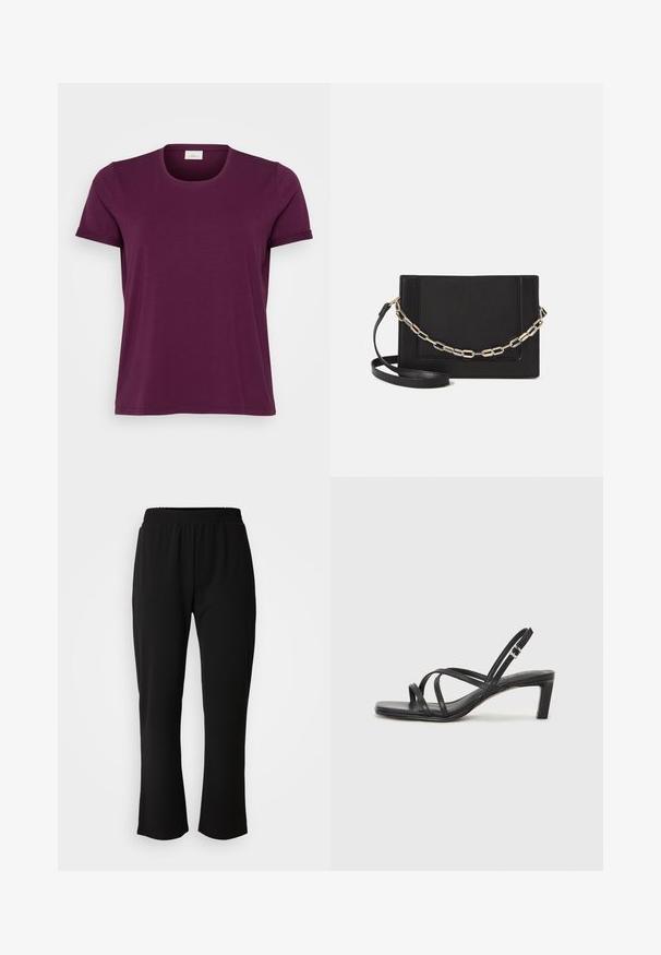 Majica kratkih rukava u dubokoj burgundijskoj boji, okrugli izrez, mekani pamučni materijal i smotane rukave. Jednostavan dizajn s regularnim krojem.; ONLY Carmakoma CARLAMA STRAIGHT - Hlače - black; Crne sandale s trakama, kvadratnim prstom i niskom blok petom. Ima više tankih trakica i podesivu trakicu oko gležnja. Izrađene su od glatke kože.; Crna kožna torba preko tijela s glatkom teksturom, pravokutnim oblikom i metalnim lancem na prednjoj strani. Uključena je podesiva naramenica.; Srebrna dvostruka prsten s glatkom, poliranom površinom. Karakterizira ga fluidan, zakrivljen dizajn s preklapajućim sekcijama za moderan izgled.