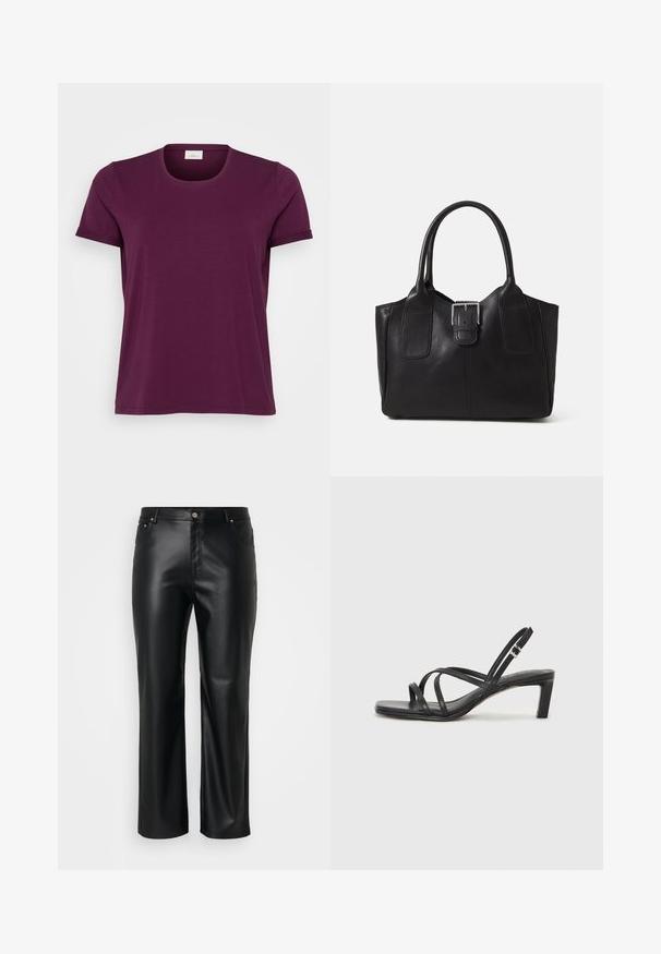 Kortermet T-skjorte i dyp burgunder, rund hals, myk bomullsstoff og rullede ermer. Enkel design med normal passform.; Svarte falske skinnbukser med rett snitt, med beltehemper, frontlommer, og glidelås med knappelukking. Glatt tekstur.; Sorte sandaler med stropper, firkantet tå og lav blokk hæl. Har flere tynne stropper og en justerbar ankelstropp. Laget av glatt lær.; Svart skinn toteveske med jevn tekstur, strukturert form, to håndtak og en fremtredende sølvspenne foran.