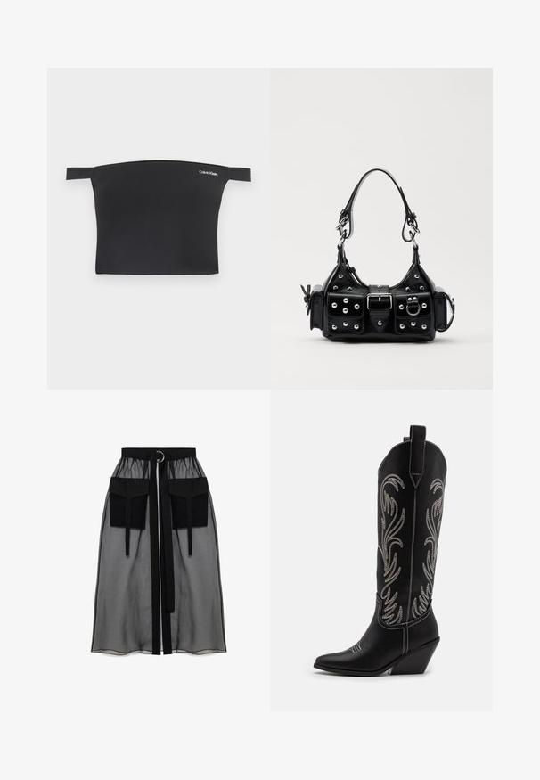Musta lyhyt toppi, jossa on olkapäät paljastava muotoilu, valmistettu sileästä kankaasta. Siinä on kapeat hihnat ja pieni valkoinen Calvin Kleinin logo edessä.; Musta läpinäkyvä hame, jossa on kerätty vyötärö, kaksi suurta etutaskua, vyönauha ja pyöreä metallikoriste.; Mustat nahkasaappaat cowboy-tyyliin, joissa on terävät varpaat, viistot korot ja hopeiset brodeeratut kukkakuviot varressa. Eroava ompelu koko saappaassa.; Musta nahkainen käsilaukku, jossa on kaareva muotoilu, hopeiset niitit, solki ja kaksi sivutaskua. Säädettävä olkahihna erilaisiin kantovaihtoehtoihin.