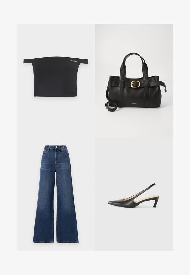 Czarny crop top z dekoltem typu off-shoulder, wykonany z gładkiego materiału. Posiada wąskie ramiączka i małe białe logo Calvin Klein z przodu.; Jeans z wysokim stanem i szerokimi nogawkami, wykonane z ciemnoniebieskiego denimu, z zapięciem na guzik, pięcioma kieszeniami i delikatnym przetarciem na udach.; Czarny but na obcasie typu slingback z ostro zakończonym noskiem, z niskim obcasem, wykonany z gładkiej skóry, z wycięciem po boku dla lepszej wentylacji.; Czarna skórzana torebka o zorganizowanej konstrukcji, z podwójnymi uchwytami u góry, akcentem w postaci złotego zapięcia oraz wytłoczonym logo marki z przodu.