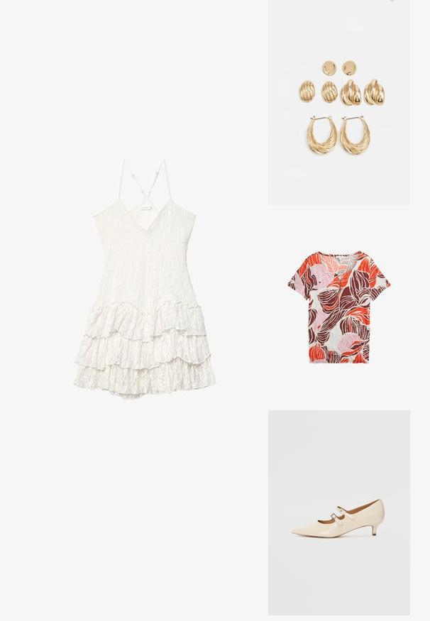 Top a maniche corte con scollo a V, caratterizzato da un motivo a foglie in arancione, rosa e marrone su uno sfondo chiaro, realizzato in tessuto testurizzato.; Abito bianco senza maniche in pizzo con scollatura a V, spalline sottili regolabili e dettagli in volant a strati nella gonna.; Scarpe Mary Jane in pelle verniciata beige con due fibbie regolabili, punta affusolata e tacco basso. Texture liscia con una finitura lucida.; Borsa a mano in pelle crema a forma di mezzaluna, con accessori in oro, dettagli neri e una tracolla rimovibile. Presenta una dettagli in catena e un'etichetta.; Set di orecchini in tono oro che comprende tre paia: orecchini a perno ovali texturizzati, orecchini a perno con design ondulato e grandi orecchini a cerchio con scanalature sovrapposte.