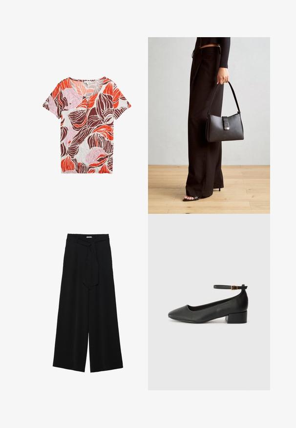 Rövid ujjú top V-nyakkal, amelyen narancssárga, rózsaszín és barna levélmintázat található világos háttéren, texturált anyagból készült.; Fekete, bő szárú nadrág, texturált anyagból, rugalmas derékpánttal és levehető sállal a derekán, amely állítható illeszkedést biztosít.; Fekete bőr magassarkú cipő hegyes orral és alacsony tömb sarkal. Bokapánttal rendelkezik, aranyszínű csattal. Simább textúra.; Fekete kézi táska strukturált formával, sima textúrával és fémből készült záródással. Széles fekete nadrággal és nyitott orrú szandállal párosítva, fából készült padlón.