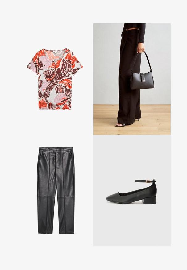 T-krekls ar īsām piedurknēm un V-veida kakla izgriezumu, ar visā virsmā redzamu lapu rakstu oranžā, rozā un brūnā krāsā uz gaiša fona, izgatavots no teksturēta auduma.; Melni ādas bikses ar gludu tekstūru, taisnas piegriezuma, divi priekšējie kabatas un redzami šuvju izstrādājumi.; Melnas ādas sūkņi ar smailu purngalu un zemu bloku papēdi. Iezīmēts ar potītes siksniņu ar zelta krāsas sprādzi. Gluda tekstūra.; Melnā somiņa ar strukturētu formu, gludu tekstūru un metālu sprādzi. Saskaņota ar platām melnām biksēm un sandālēm ar atvērtu purngalu uz koka grīdas.