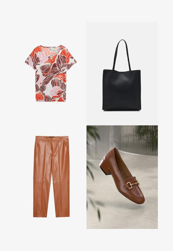 Kortærmet top med v-hals, prydet med et all-over bladmønster i orange, pink og brune nuancer på en lys baggrund, fremstillet af tekstureret stof.; Brune faux læderbukser med en skræddersyet pasform, der har frontfolder og lige ben. Glat tekstur uden synligt hardware eller detaljer.; Brun patentlæder loafers med firkantet tå, metallisk kædeaccent og lav blokhæl; glat tekstur, minimalistisk design.; Sort læder tote taske med glat tekstur, rektangulær form og to lange hanke. Ingen synlig hardware eller udsmykninger.