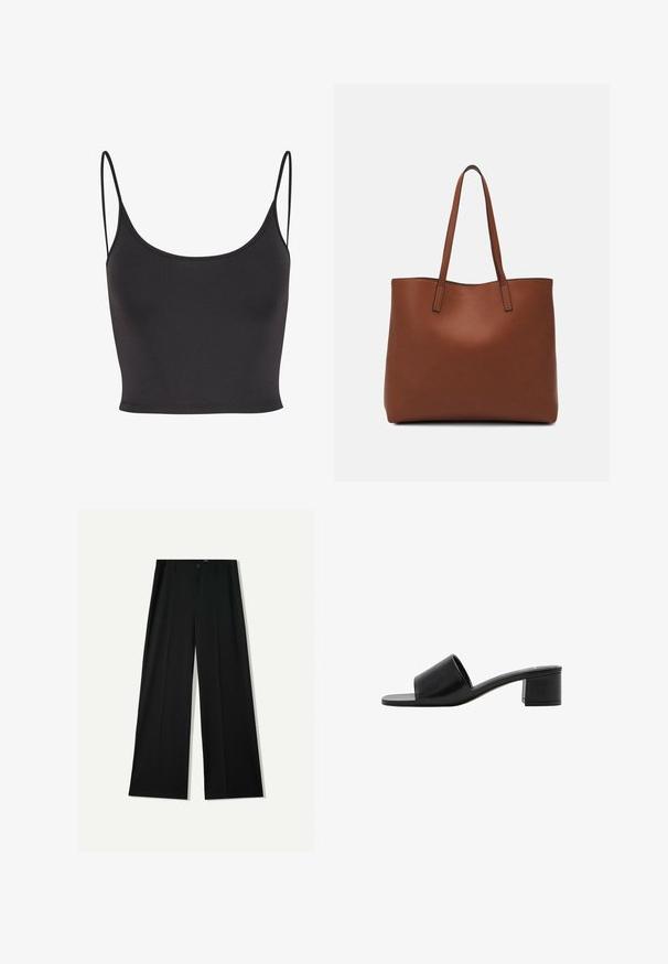 Top croptop negru, fără mâneci, fabricat dintr-un material neted. Dispune de bretele subțiri tip spaghetti și un decolteu rotund, având un design ajustat.; Bershka WIDE - Pantaloni - black; Sandal cu vârf deschis din piele neagră, cu o curea lată și un toc solid. Prezintă o textură netedă și un design minimalist.; Geantă de umăr din piele maro cu o textură netedă, design cu vârf deschis și două curele pentru umăr. Prezintă cusături minime și fără componente metalice vizibile.