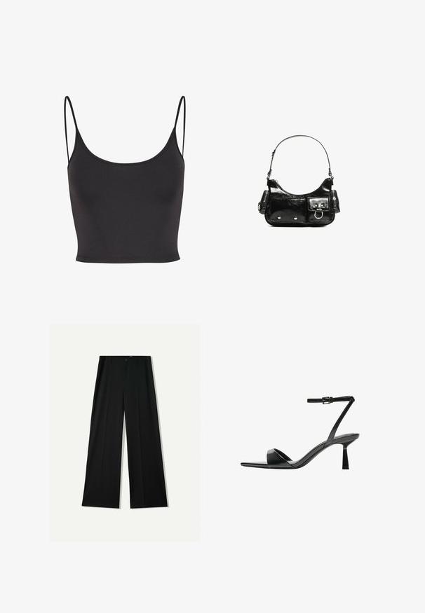 Mustat, hihattomat crop-topit, jotka on valmistettu sileästä kankaasta. Ominaisuuksiin kuuluvat ohuet spagettiolkaimet ja avara kaula-aukko, sekä tyköistuva muotoilu.; Bershka WIDE - Housut - black; Bershka Korolliset sandaalit - black; Mustekko mustasta kiiltonahasta valmistettu käsilaukku, jossa on kaareva muoto, yksi olkahihna, etutaskut ja hopeanväriset yksityiskohdat.