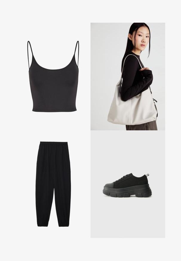 Mustvalguline, ilma varrukateta lühike topp, mis on valmistatud siledast kangast. Omab õhukesi spaghetti-rihmasid ja ümarat kaelust, koos keha ligi sobiva disainiga.; Mustad, kerge kangas püksid elastse vöökoha ja kokku volditud pahkluudega. Kanga pind on sile ja disain on lõdvestunud, kitsenev.; Mustad mustad mustikad, millel on tugev kummist põhi, tekstuuriga kangast pealis, ümar varvas ja seotud disain. Omab tugevdatud silmuseid ja tagumist tõmbeotsta.; Bež käekott pehme materjali, millel on lõtv disain, õmblustega detailid ja kaks õlarihma. Sobib igapäevaseks kasutamiseks.